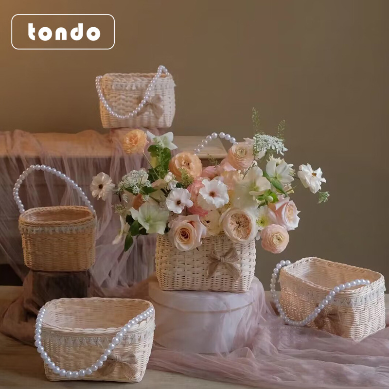 Chinese Valentine's Day Portable Pearl Rattan Flower Basket Handmade Diy Creative Waterproof Small Flower Basket Flower Packaging Material