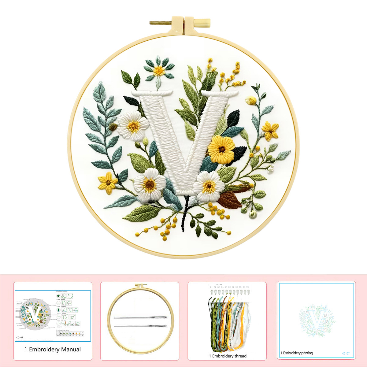 Hecho a mano flores y plantas europeas bordadas paquetes de materialdiy inglés 26 letras simple principiante nivel de bordado al por mayor