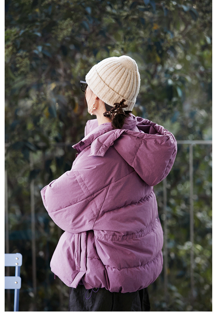 ラベンダーパープルの素朴で暖かいスタンドカラーダウンジャケット