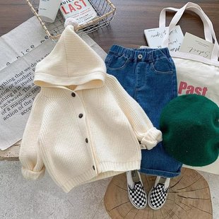 2024 Spring and Autumn New Korean Style Children's Hat Cardigan Sweater Top for Boys and Girls Baby Western Style College Style Outer Wear Fashion