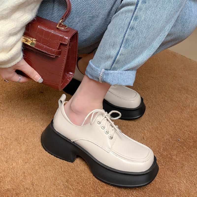 Giày loafer nữ đế xuồng buộc dây phong cách Pháp, gót platform 5 cm — màu đen