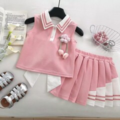 夏の女の子のドレス 2025 新しい大きなリボンバックレストッププリーツスカート韓国スタイルカジュアル 2 点セット