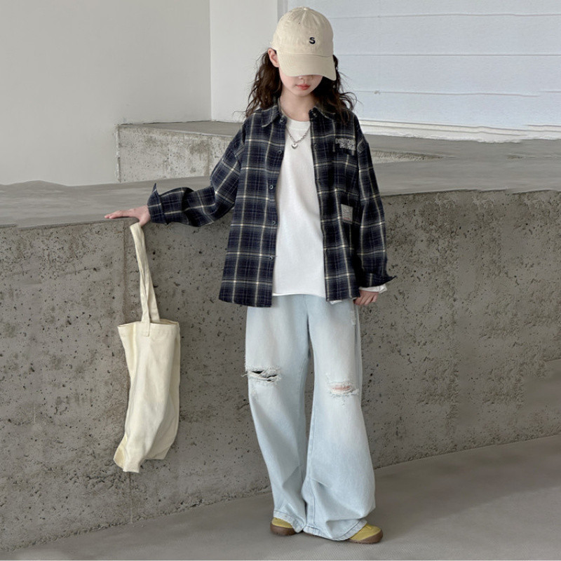Zhili Children's Clothing 2026 Spring and Autumn Style Girls' Fashionable Loose-fitting Versatile Plaid Cotton Shirt Korean Style