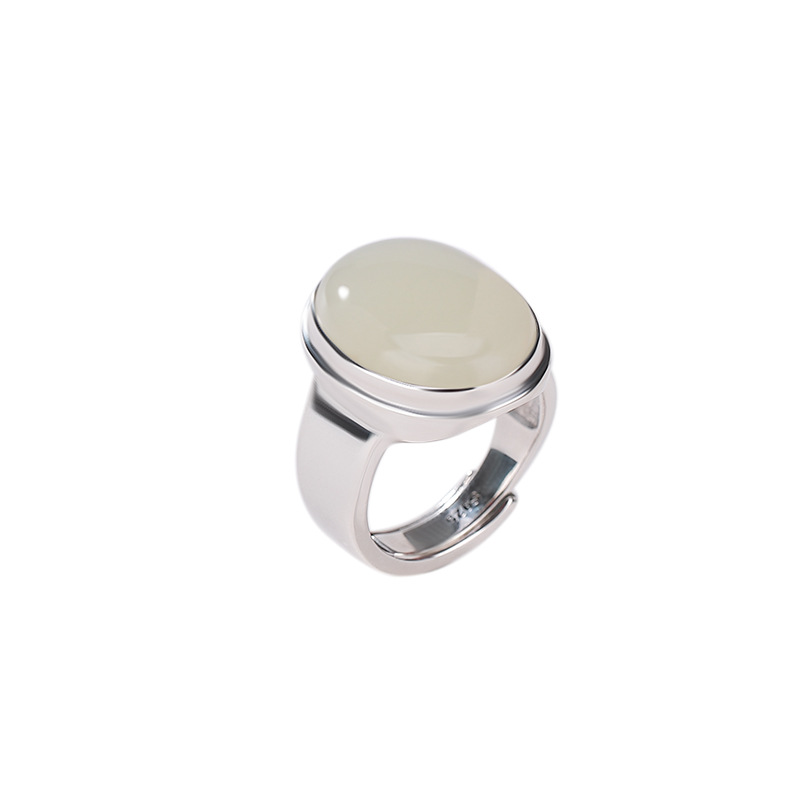 Nhẫn bạc S925 đính ngọc bích trắng Hòa Điền mặt trứng đơn giản phong cách sang trọng — Mở một size