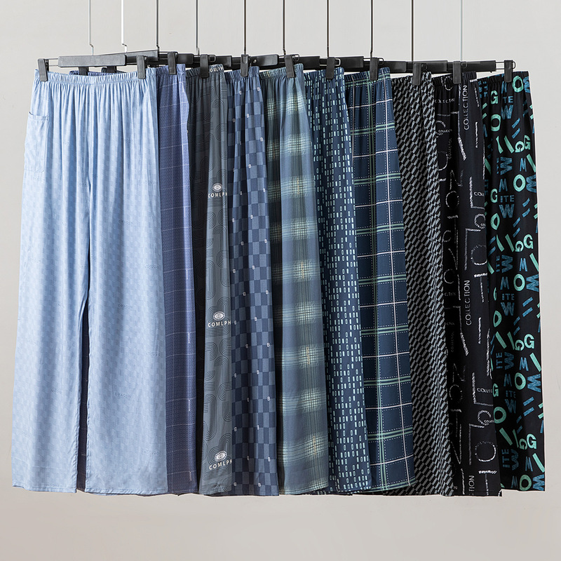 Men's Summer Thin Cotton Silk Pajama Pants, Plaid Straight-Leg Pants, Artificial Cotton, Large Size, Can Be Worn Outside, Home Long Pants, Mosquito-Proof Pants