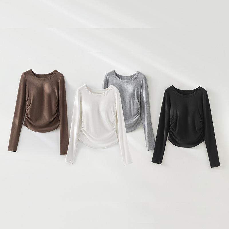 American Sexy Style Sexy High Waist with Chest Pad Long-Sleeved T-Shirt Bottoming Shirt for Women Autum New Slim Pleated Top
