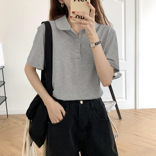 Gray Short-Sleeve Polo Shirt T-Shirt for Women, Summer, Square Collar, Design-Focused, Loose Fit, Slimming, Youthful, Thin