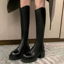 牛皮版~真皮7cm高跟长靴女加绒厚底中高筒V口弹力靴子长筒骑士靴