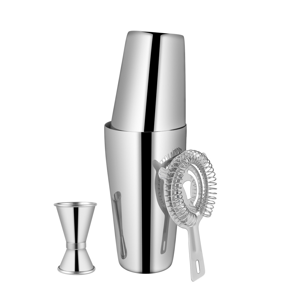 Boston de tres piezas de la barra de acero inoxidable suministros traje coctelera hielo filtro taza de medición
