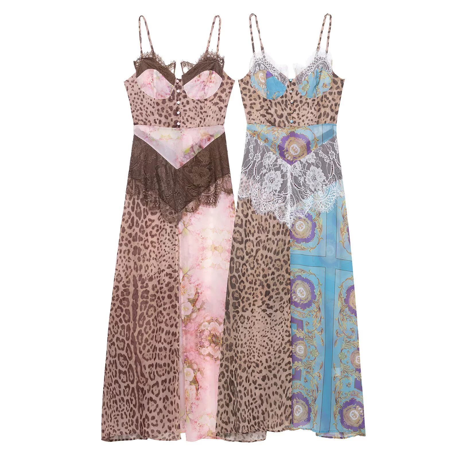 Летнее платье PB&ZA для женщин 2025 года, новая модель, персонализированная печать, контрастные цвета, бретели, кружевные разрезы, шифон.