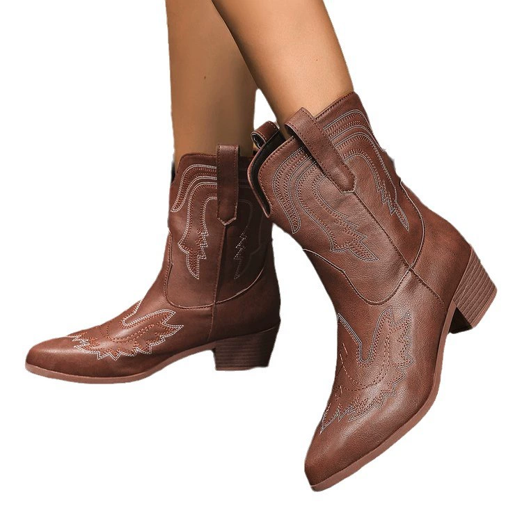 Foreign trade large size printed knight boots 2024 autumn and winter new square heel mid-calf western cowboy style women's boots Amazon women