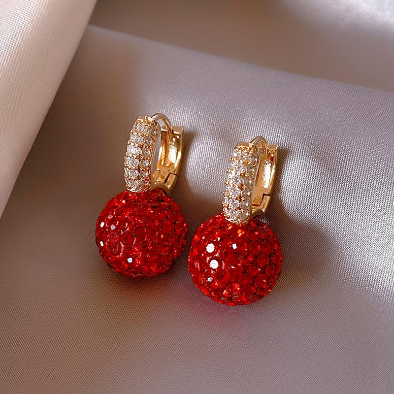 New Year Red Earrings 2025 New Hot Style Fashion Internet Celebrity Diamond Ball Earrings Korean Style Zodiac Year Earrings for Women