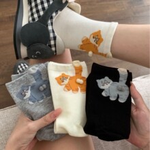 正版象趣岛猫蛋蛋搞怪女袜子立体毛球精梳棉中筒怼怼女袜无骨缝头