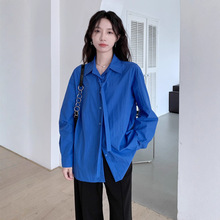 法式克莱因蓝长袖衬衫女2025秋季新款宽松系带设计感小众衬衣上衣