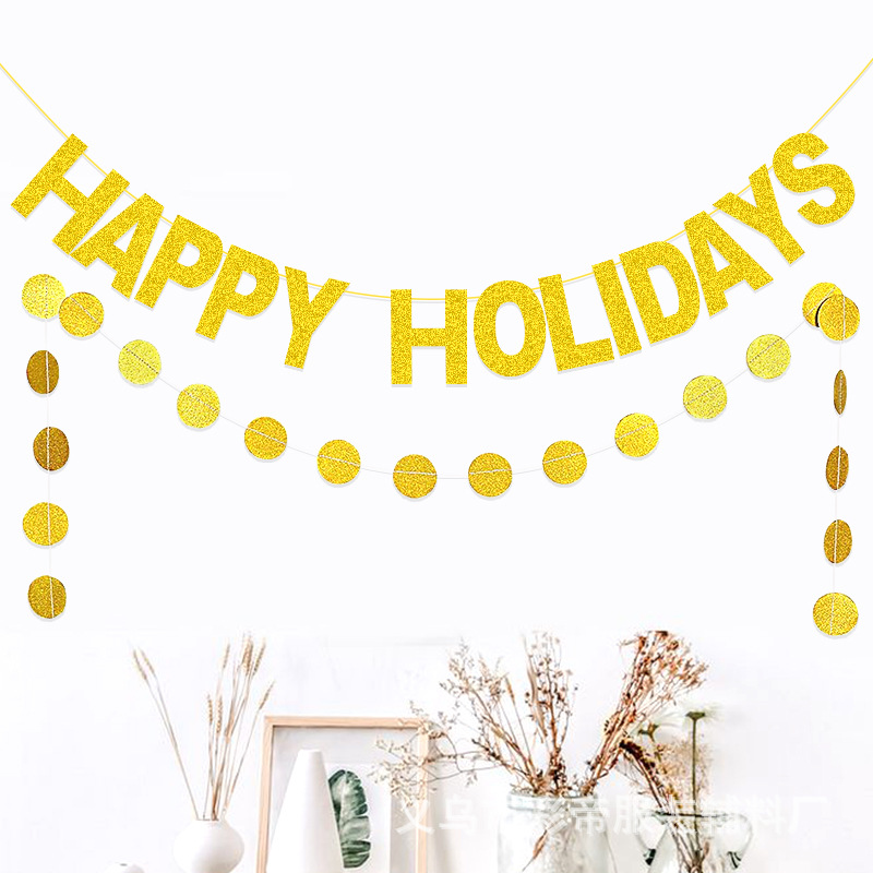 Fiesta de Navidad decoración cadena bandera tire de la bandera felices vacaciones brillo guirnalda carta redonda guirnalda