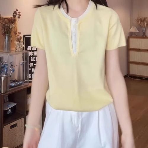 Plus Size Striped Mock Two-Piece Ice Silk Short-Sleeve Knit Top for Women 2025 Summer Fat MM Fashion Loose Youthful Upper Body Shirt