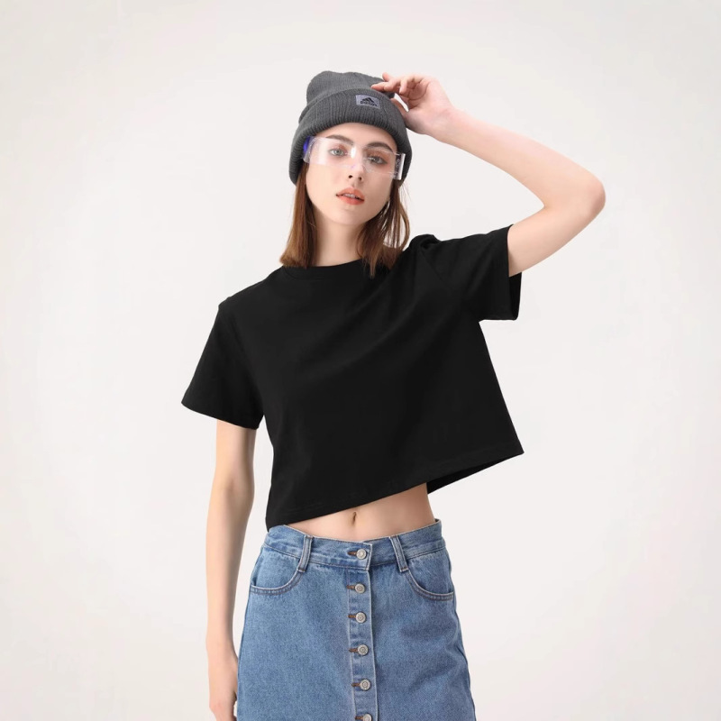 200g Short Crop Top Short-Sleeve T-Shirt for Women, Casual Versatile Spring/Summer New Style, Niche Design, Regular Shoulder, Pure Cotton, in Stock for Dropshipping 200g Short Crop Top Short-Sleeve T-Shirt for Women, Casual Versatile Spring/Summer New Style, Niche Design, Regular Shoulder, Pure Cotton, in Stock for Dropshipping