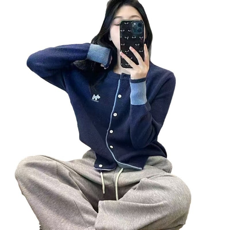 秋冬小狗刺绣针织开衫女撞色袖口拼接设计感春秋毛衣内搭上衣潮|undefined