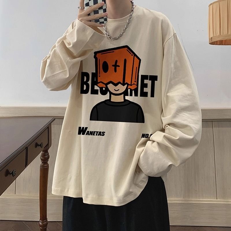 Long-Sleeve Men's T-Shirt, Spring and Autumn Trendy Brand, Heavy Loose Pullover Top, American Style, Plus-Size Student Base Shirt
