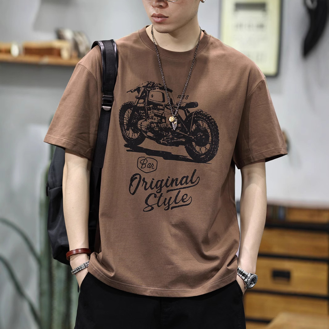 Retro americano pesado lavado algodón camiseta de manga corta hombre verano nuevo suelto marca de marea locomotora impresión camiseta