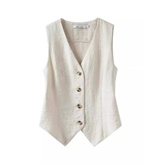 亜麻のベストの薄い女性のベストの夏の新型の修身の短いタイプの袖なしのスーツのvネックの肩の肩のベストのA3737