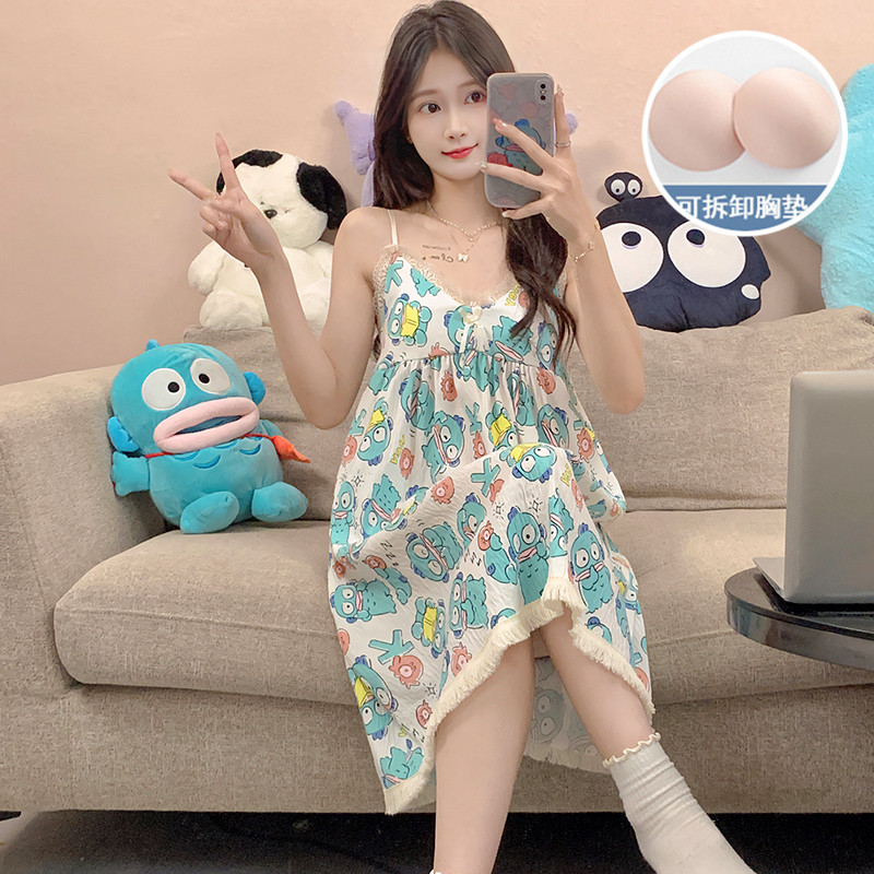 Verano damas de cabina larga pijama mujer cojín de pecho ropa de casa ropa de casa nubes de algodón dulce pijama de viento casual