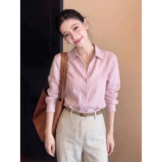 淡人高知穿搭粉色亚麻衬衫女夏季薄款独特超好看法式小资漂亮上衣