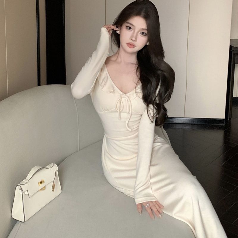 纯欲风秋冬季复古荷叶边绑带显瘦长袖打底长裙子针织包臀连衣裙女|undefined