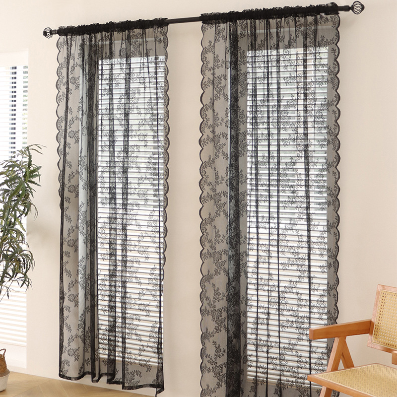 Tende trasparenti in pizzo nero ondulato in stile coreano per soggiorno, camera da letto, balcone e finestra oscurante_voghion.com
