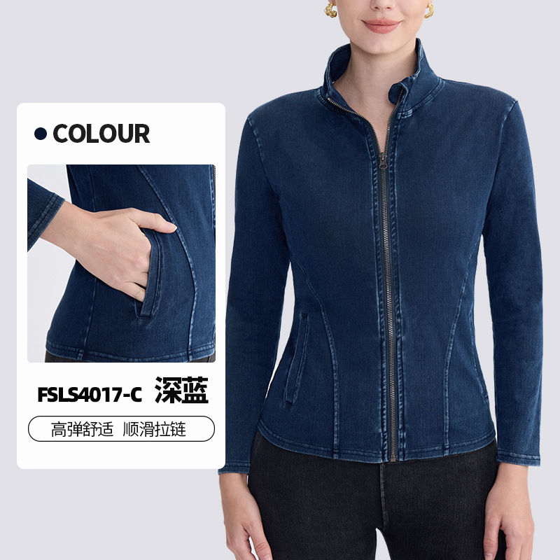 Nueva chaqueta de yoga de mezclilla con cremallera para otoño e invierno para mujer, cuello alto, ajuste delgado, ceñida, ropa deportiva con doble bolsillo, top deportivo