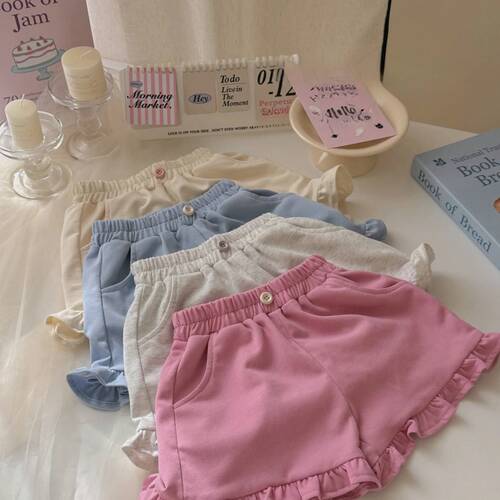 Factory wholesale girls 'fashionable shorts 0-6 years old summer baby solid color Korean lace pants for children with fungus edge