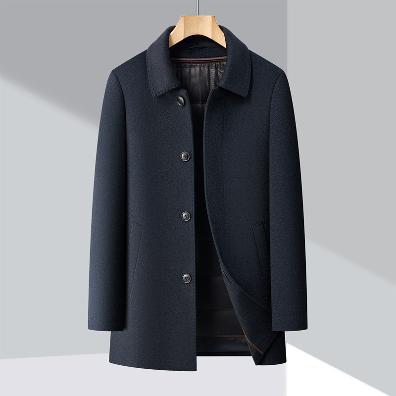 2025 Autumn/Winter Men's Business Cashmere Wool Coat, New Style for Middle-Aged Men, Detachable Goose Down Lining, Turn-Down Collar