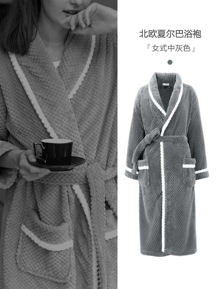 En stock Otoño e Invierno jacquard coral vellón espesado polar caliente de los hombres y las mujeres camisón espesado Albornoz pareja Pijamas