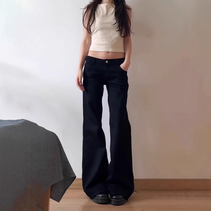 American Style Hot Girl Black Low Waist Wide Leg Slimp Jeans Women's Spring and Autumn Low Waist Loose All-match Straight Trumpet Pants