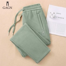 GAGN新款卫裤薄款高腰直筒裤绿色女宽松潮流休闲长裤