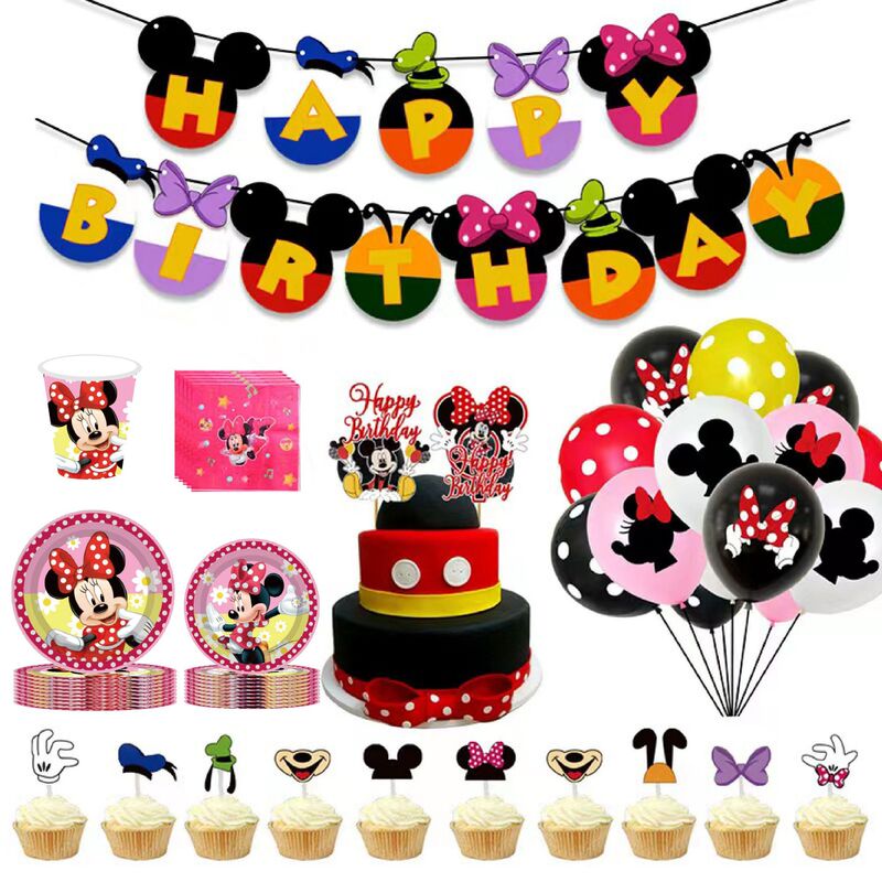 In stock Minnie Mouse theme birthday tableware supplies party tablecloth paper plate pull flag tissue paper cup decoration package