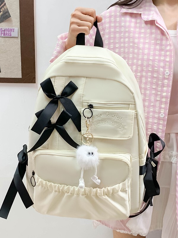 女子大生用ランドセル、大容量カレッジスタイルバックパック、かわいいリボンバックパック、シンプルなプリーツ学生バッグ|undefined