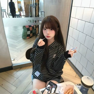 美式复古条纹连帽开衫卫衣女秋冬季宽松字母刺绣休闲百搭外套帽衫