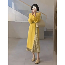 秋冬新款配呢子大衣初恋盐系轻熟风针织毛衣吊带连衣裙两件套装女