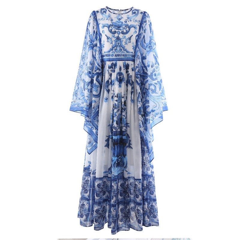 New cross-border Women's round neck edging snow spinning dress positioning printed square sleeve blue and white porcelain long skirt