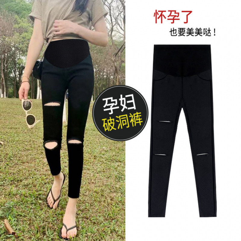 Z3J孕妇裤子春秋款夏季女夏外穿黑色小脚裤九分破洞打底裤薄款春