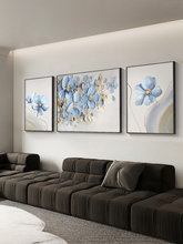 花卉纯手绘客厅装饰画蓝色三联沙发背景墙壁画现代简约设计师挂画