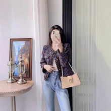 春秋季新款设计感黑色名媛百搭减龄小香风复古粗花呢上衣女名媛风