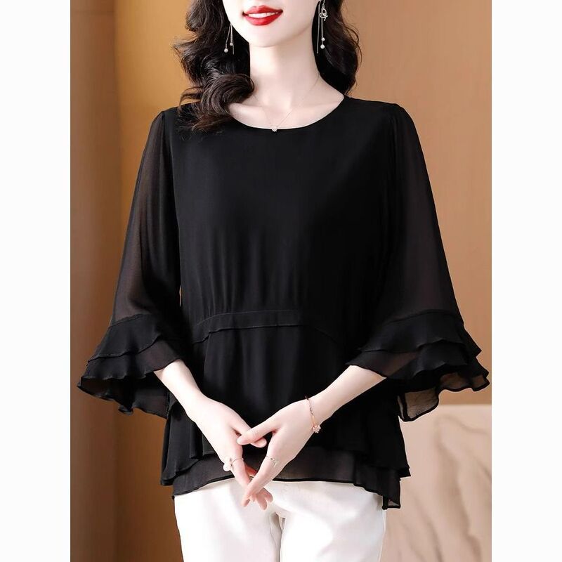 Designed to Cover the Belly, Black Niche Summer New Stylish Women's Tops, Age-Reducing Babydoll Shirts, Loose-Fitting Shirts for Moms Designed to Cover the Belly, Black Niche Summer New Stylish Women's Tops, Age-Reducing Babydoll Shirts, Loose-Fitting Shirts for Moms