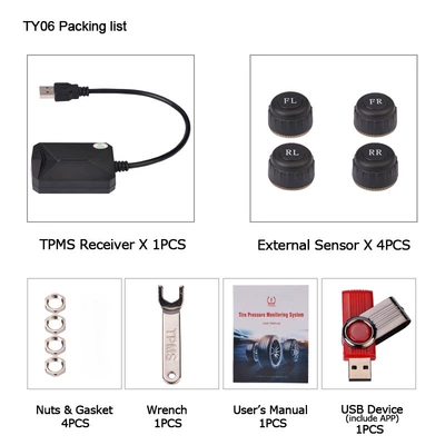 Android Navigation Car USB Tire Pressure Monitoring System Tpms Internal and External Tire Temperature Monitor with Replaceable Battery (Tire pressure monitoring system) - 4-wheels-external