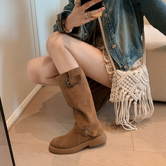 2024新款真皮復古厚底西部牛仔靴堆堆靴高筒騎士靴女旅遊四季長靴