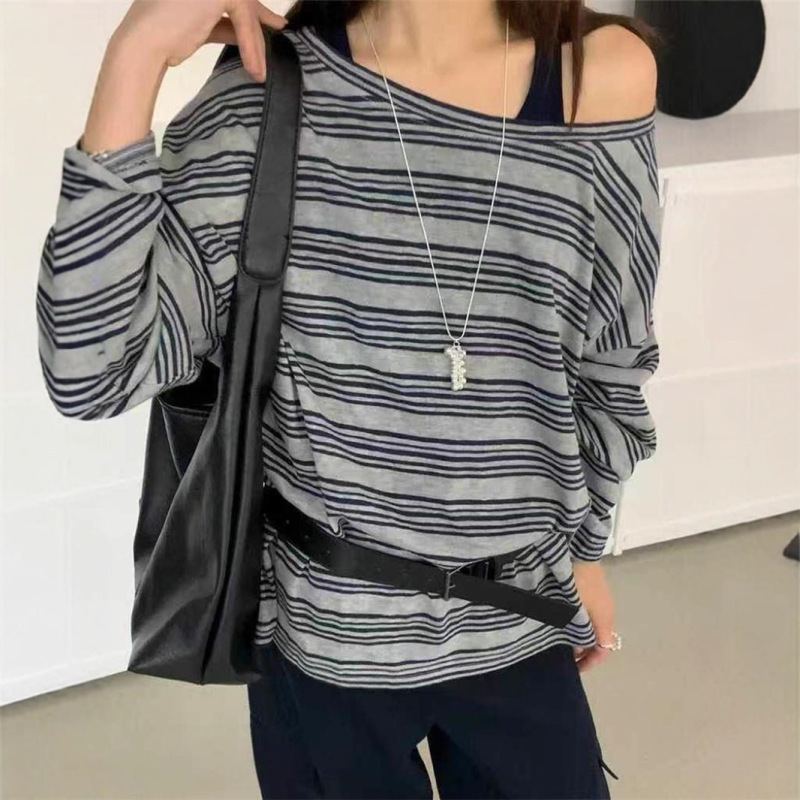 2025早秋新款撞色条纹斜肩配腰带T恤+内搭背心时尚洋气两件套装女|undefined