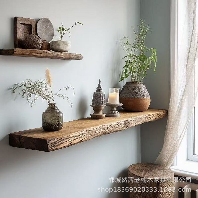New Chinese Style Old Elm Wood Storage Rack Wall Shelf Storage Rack Wall-Mounted Green Plant Tea Set Collection Rack Bookshelf