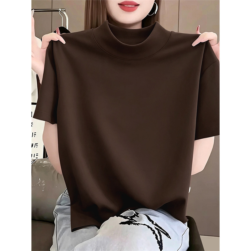 Half-high collar pure cotton short-sleeve T-shirt for women, Korean style, fashionable and versatile, coffee-colored top, base shirt, Fall 2026