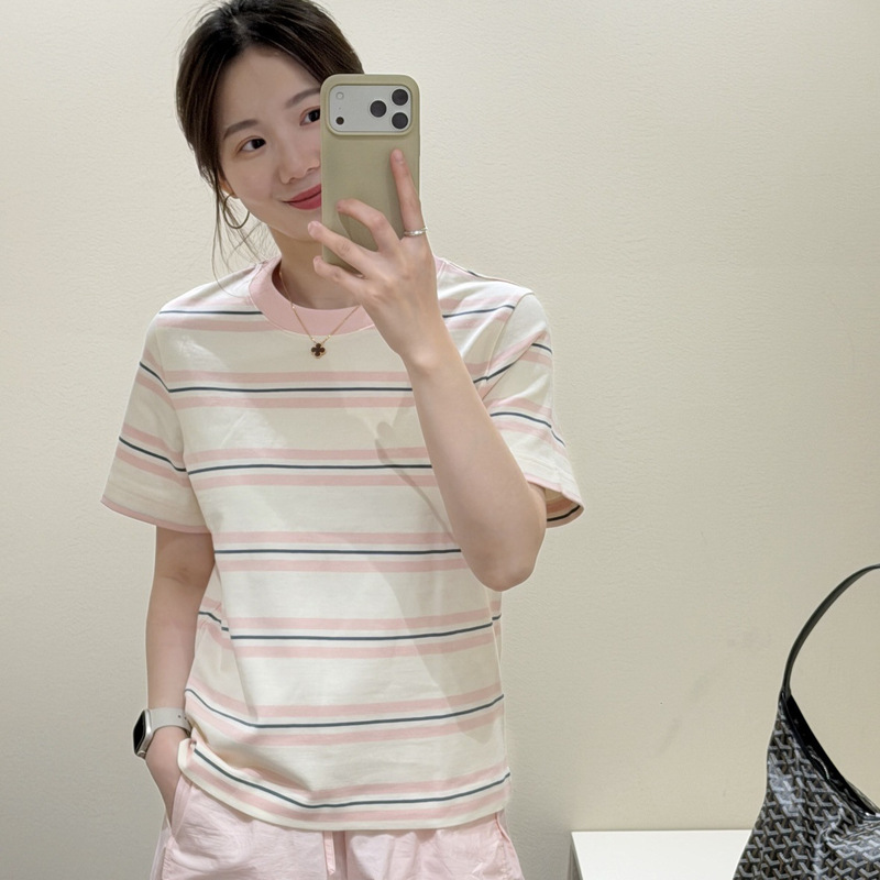 Wenyue High-Quality Straight-Shoulder Striped T-Shirt, Summer Simple Round-Neck Versatile Short-Sleeve Top Wenyue High-Quality Straight-Shoulder Striped T-Shirt, Summer Simple Round-Neck Versatile Short-Sleeve Top